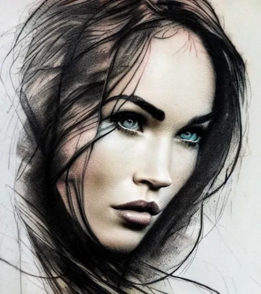 Image similar to realism tattoo sketch of a megan fox face in a double exposure effect with mountain scenery, in the style of matteo pasqualin, amazing detail, sharp