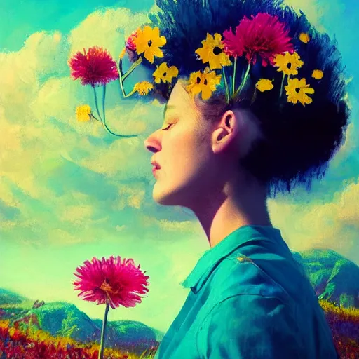 Image similar to girl with a blooming flower for a head, surreal photography, dream, standing in flower field, magical, in a valley, sunrise dramatic light, impressionist painting, colorful clouds, artstation, simon stalenhag, blooming flower face