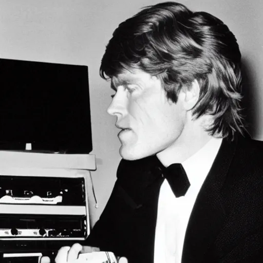 Prompt: young robert redford talking to a computer