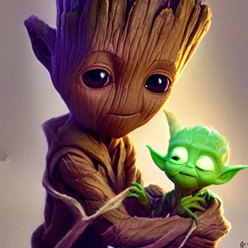 Prompt: Cute Elven baby Groot and Yoda by Greg Rutkowski and Pixar, asymmetrical, Organic Painting , Matte Painting, geometric shapes, hard edges, street art, trending on the artstation, realistic, high quality:2 by Sachin Teng:4