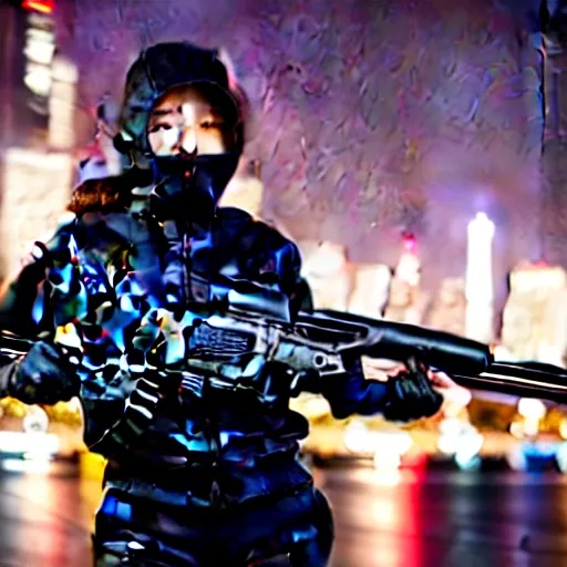 Prompt: photographic portrait of a techwear woman holding a shotgun, closeup, on the rooftop of a futuristic city at night, 4k, depth of field, high resolution, full color, Die Hard, movies with guns, movie firearms, police shotguns