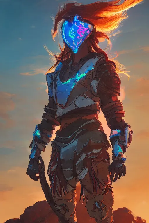 Image similar to combination suit armor aloy horizon forbidden west horizon zero dawn radiating a glowing aura global illumination ray tracing hdr fanart arstation by ian pesty and alena aenami artworks in 4 k tribal robot ninja mask helmet backpack