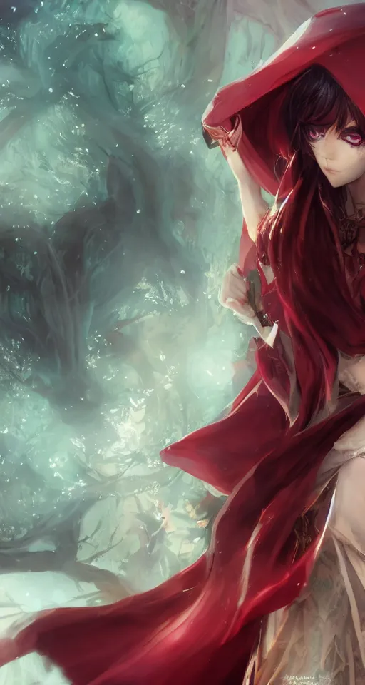 Image similar to a very beautiful anime sorceress, full body, long red hair, full round face, short smile, cloak with hood, fantasy town setting, cinematic lighting, medium shot, mid-shot, highly detailed, trending on Artstation, Unreal Engine 4k, cinematic wallpaper by Stanley Artgerm Lau, WLOP, Rossdraws, James Jean, Andrei Riabovitchev, Marc Simonetti, and Sakimichan