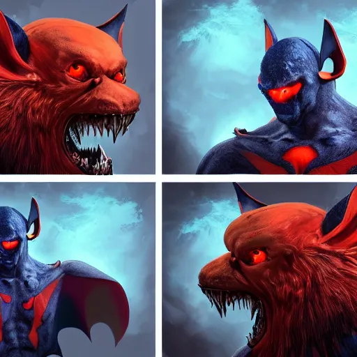 Image similar to front and back character view of scary, giant, mutant, mutated, dark blue humanoid bat, glowing red eyes, flying above a stormy ocean, sharp teeth, acid leaking from mouth, realistic, giant, bat ears, bat nose, bat claws, bat wings, furred, covered in soft fur, detailed, trending on artstation clean concept art and sheet that using unreal engine 5 render and hyper detailed 3D texture with cinematic software light 85mm f/1.4