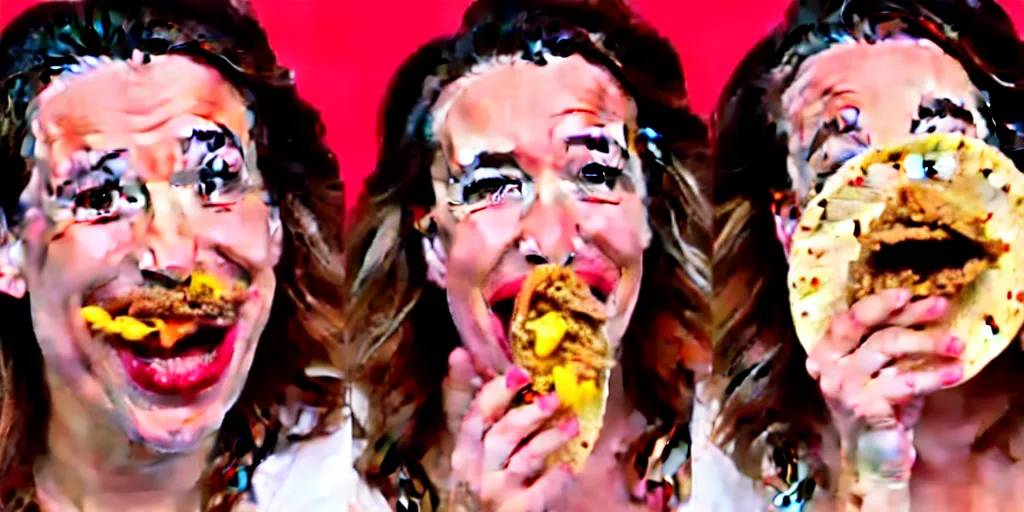 Image similar to old distorted camcorder video of miranda sings holding a taco, multiple poses, video still from miranda sings youtube videos