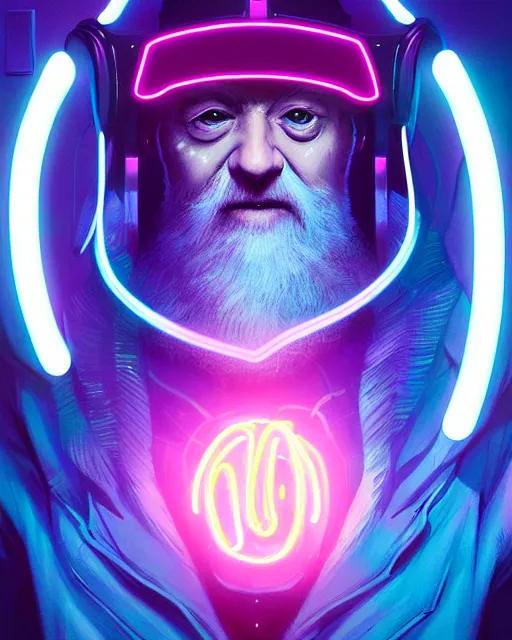 Image similar to portrait of cyber dumbledore wearing a vr set with lots of neon sitting in his room by greg rutkowski, perfect faces, fine details