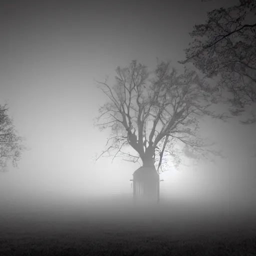 Prompt: a spooky haunted playground from the 1930's, back lit at night, volumetric lighting, mist, fog