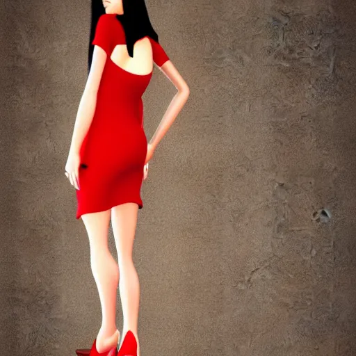 Image similar to woman, red short dress, black hair, high definition, by milo manara, 3 d render, red high heels, face, house, sand