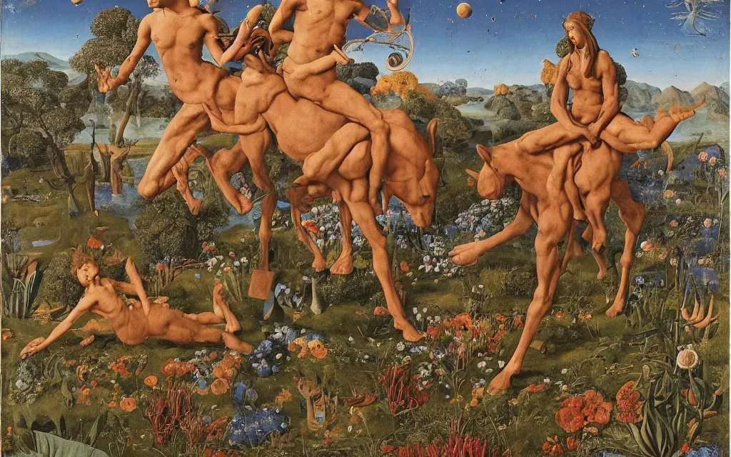 Image similar to a portrait photograph of a meditating satyr and a centaur monk riding a rocket machine and hunting at a river delta. surrounded by bulbous flowers and trees. mountain range under a blue sky of fiery stars. by jan van eyck, max ernst, ernst haeckel, ernst fuchs and artgerm, cgsociety, fashion editorial, 8 k