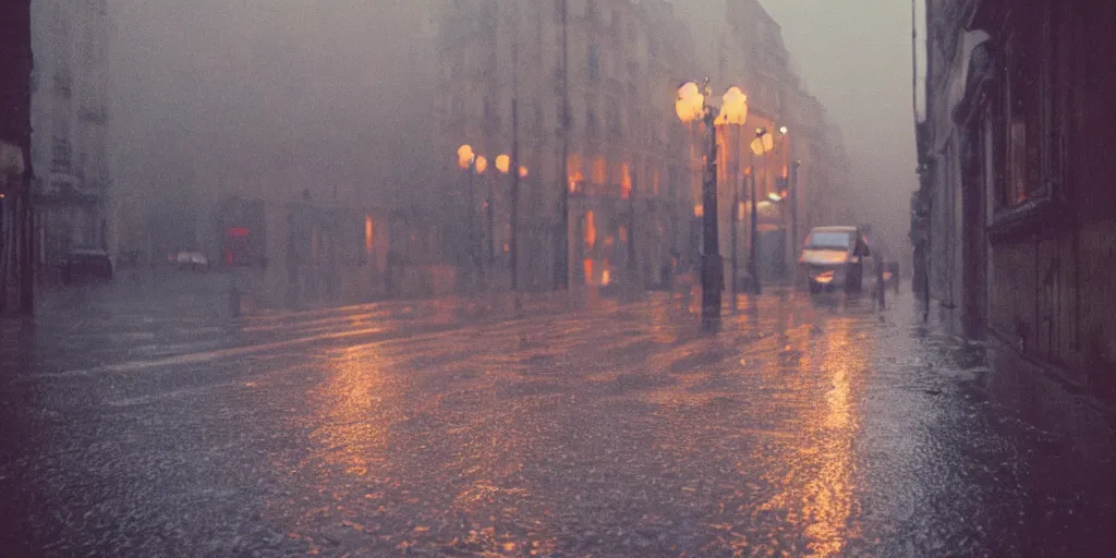 Image similar to street of paris photography, night, rain, mist, cinestill 8 0 0 t, in the style of william eggleston