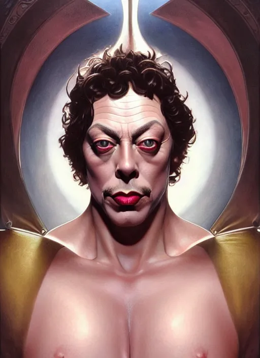 Image similar to perfectly detailed tim curry legend!! blessed by nature with ever - increasing physical mental perfection, symmetrical! intricate, sensual features, highly detailed, biblical divine holy perfection!! digital painting, artstation, concept art, smooth, sharp focus, illustration, art by artgerm and greg rutkowski and alphonse mucha