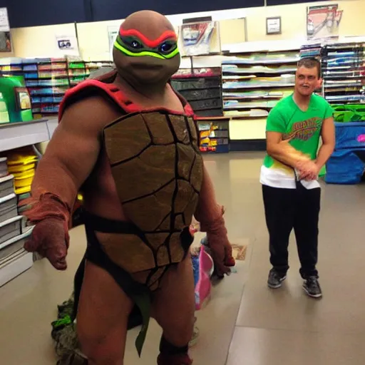 Prompt: Meeting a legit ninja turtle in the backroom of Sears