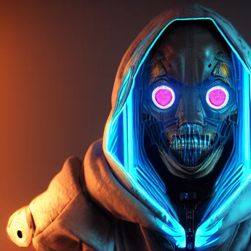 Prompt: photoreal portrait intricate darkwar hunter wearing a dark hoody, apocalyptic scenario, intricate malfunctioning open circuits, glittering light leaks, electromagnetic waves, blue glowing aggressive led eyes, zbrush, rhino 3 d, greeble skin, octane render, industrial design, trending on artstation, cyberpunk, dystopia tokyo