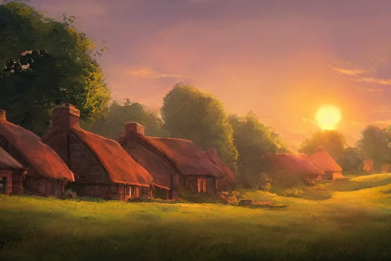 Image similar to sunset over the cottages in the shire, ghibli, artstation, award wining, rutkowski, shinkai