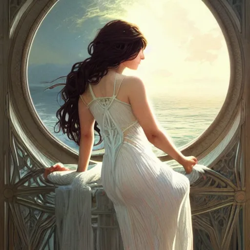 Image similar to long shot, woman posing, short wavy hair, round face, intricate white dress, cottagecore!!, inside water, intricate, enlightened, highly detailed, digital painting, artstation, concept art, smooth, sharp focus, illustration, art by artgerm and greg rutkowski and alphonse mucha