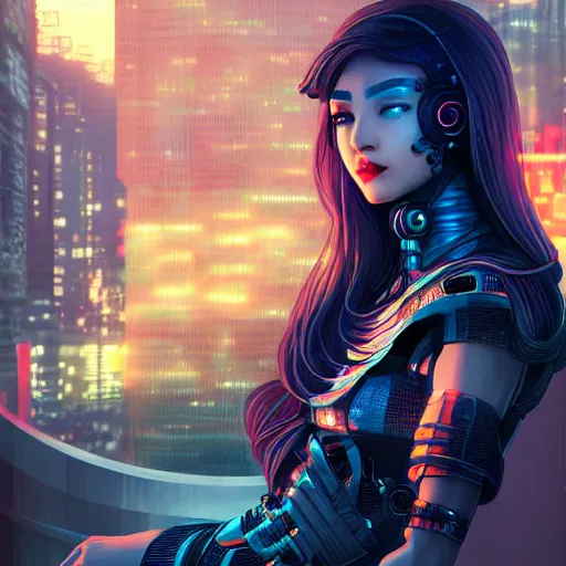 Image similar to portrait futuristic cyber warrior girl goddess, in future cyberpunk tokyo rooftop, ssci - fi, fantasy, intricate, very very beautiful, elegant, neon light, highly detailed, digital painting, artstation, concept art, smooth, 8 k, sharp focus, illustration, art by alphonse mucha and tian zi and wlop