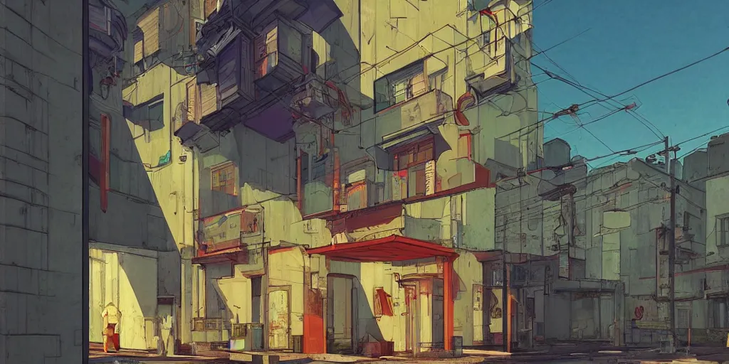 Image similar to neo brutralism, concrete housing, concept art, colorful, vivid colors, light, shadows, reflections, cinematic, 3D, in the style of Akihiko Yoshida and Edward Hopper