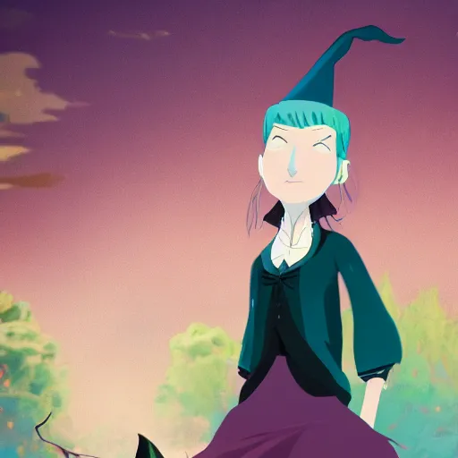 Prompt: A young adult witch with a cottage-core aesthetic with rose-colored hair and teal clothing, Nobutaka Ike, animated film still, character design, fantasy, 8k resolution