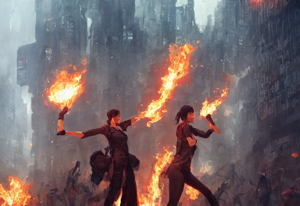 Image similar to angry protester holding placard, detailed digital illustration by greg rutkowski, fire, android netrunner