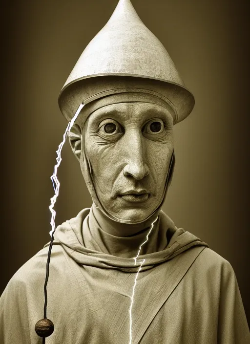 Image similar to realistic photo portrait of a a scientist ritual monk medieval clerical sculpture cone hat helmet made of wood, with plastic details detailed, covered in tesla electricity laser beam aura, sci - fi, greyscale 1 9 9 0, life magazine photo, natural colors,