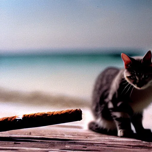 Image similar to a cat lighting a cigar on a beach in 1980, 30mm film