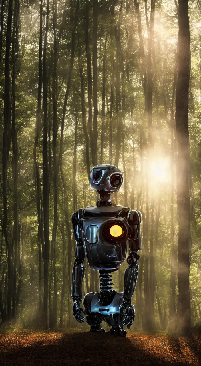 Image similar to a robot portrait in a movie, forest, cinematic shot, sun beams