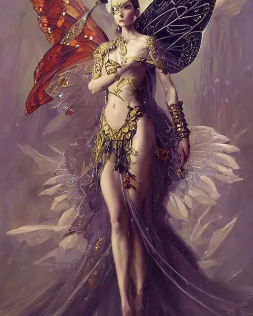 Image similar to Moth Fairy Maiden with large moth like wings wearing ornate dress by Ruan Jia and Andrei Riabovitchev, featured on Artstation, Hyperdetailed, stylized, realistic oil on linen, masterpiece, fantasy, dark academia