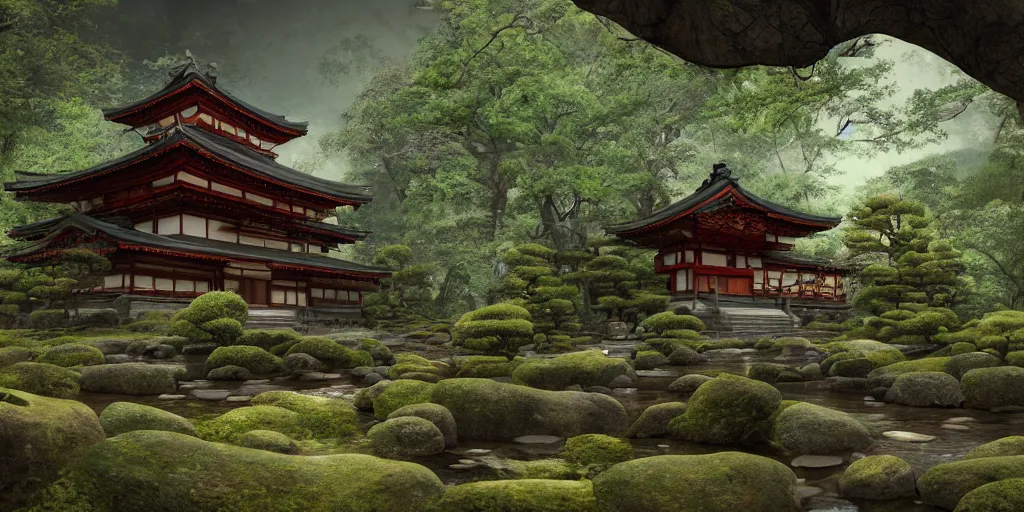 Image similar to a ancient japanese temple in the middle of a forest mear a small river, extremely highly detailed, high quality, 8K HDR, octane render, unreal engine 5, hyperrealistic, concept art, trending on Artstation, dramatic lighting, cinematic, high coherence, path tracing, ruins, clouds in the sky, singular building, centered