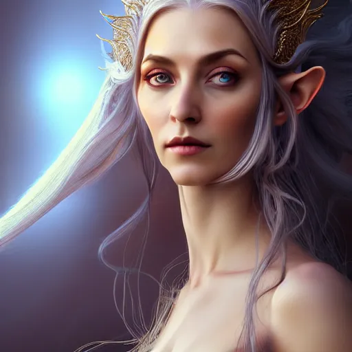 Image similar to portrait of a female elven wizard in flowing sensual dress, long flowing hair, delicate, looking at camera, slightly smiling, real face, stylish, elegant, extremely detailed painting inspired by Gerald Brom, octane render, epic lighting