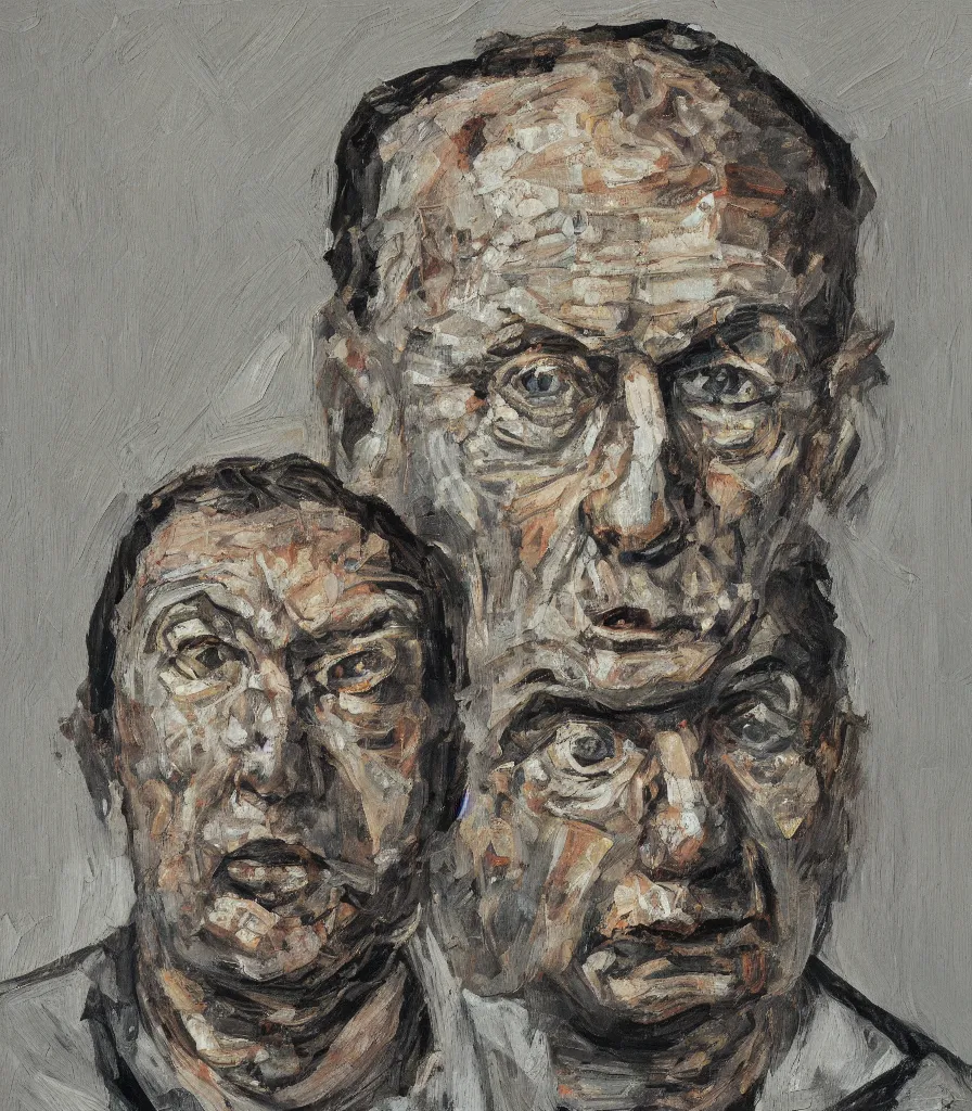 Image similar to close head shot of a vladimir wihtout shirt in the style of lucian freud self portrait. oil painting, thick brush strokes. gray background. hard light from top. perspective from below. 5 0 mm