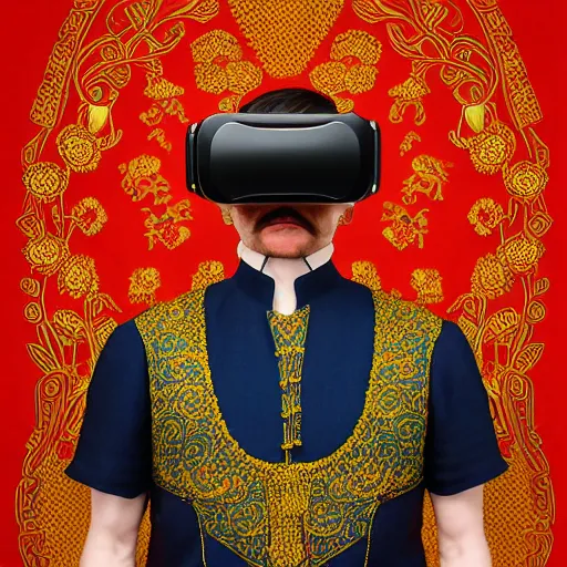 Image similar to Colour Caravaggio and Taras Shevchenko style full body portrait Photography of Highly detailed Man wearing detailed Ukrainian embroidered folk costume designed by Taras Shevchenko with 1000 years perfect face wearing highly detailed retrofuturistic VR headset designed by Josan Gonzalez. Many details In style of Josan Gonzalez and Mike Winkelmann and andgreg rutkowski and alphonse muchaand and Caspar David Friedrich and Stephen Hickman and James Gurney and Hiromasa Ogura. Rendered in Blender and Octane Render volumetric natural light