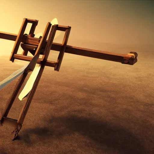 Image similar to a catapult with multiple launchers, 3D model, octane render, wooden