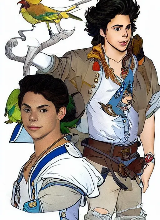 Prompt: cute jake t. austin as a pirate captain. parrot on his shoulder, natural lighting, path traced, highly detailed, high quality, digital painting, by don bluth and ross tran and studio ghibli and alphonse mucha, artgerm