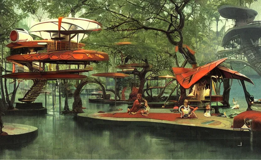 Prompt: a scene of futuristic treehouse lounge by water.. highly detailed science fiction painting by norman rockwell, frank frazetta, and syd mead. rich colors, high contrast, gloomy atmosphere, dark background. trending on artstation