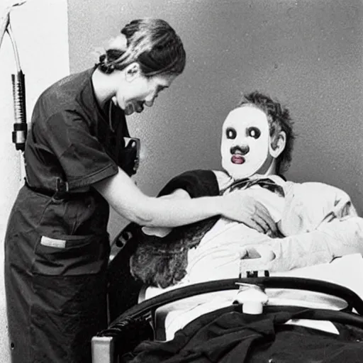 Prompt: nurse taking care of a patient who is a clown who is in restraints in a hospital bed