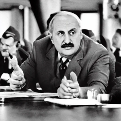 Image similar to Alexander Lukashenko in Dr. Strangelove or: How I Learned to Stop Worrying and Love the Bomb, cinematic still