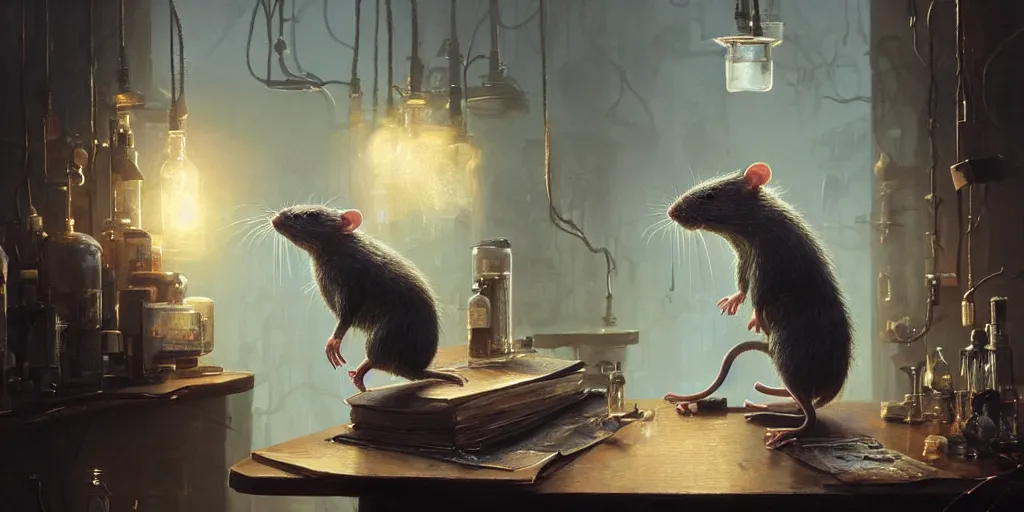 Prompt: highly realistic intricate rat standing on a desk in a laboratory with lots of flasks filled with magic liquids and poisonous fog, stephen bliss, unreal engine, fantasy art by greg rutkowski, loish, rhads, ferdinand knab, ilya kuvshinov, rossdraws, tom bagshaw, global illumination, radiant soft light, detailed and intricate environment