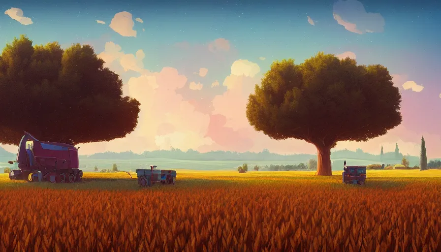 Image similar to colourful sky, wheat field, combine, big trees, matte painting, art station, digital art, simon stalenhag