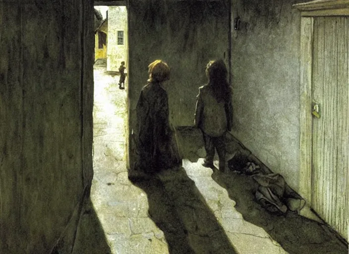 Prompt: dark alley full of poor children who live on the street, painting by andrew wyeth and alan lee, very detailed, somber mood,