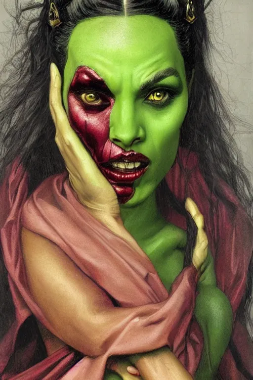 Image similar to Baroque painting of Gamora, inspired by Gustav Moreau and Wayne Barlowe, exquisite detail, hyper realism, ornate, exquisite detail, cute face