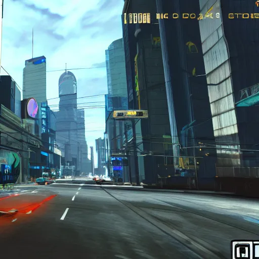 Image similar to Open world GTA-like cyberpunk game, futuristic city, HUD, screenshot, PlayStation 2