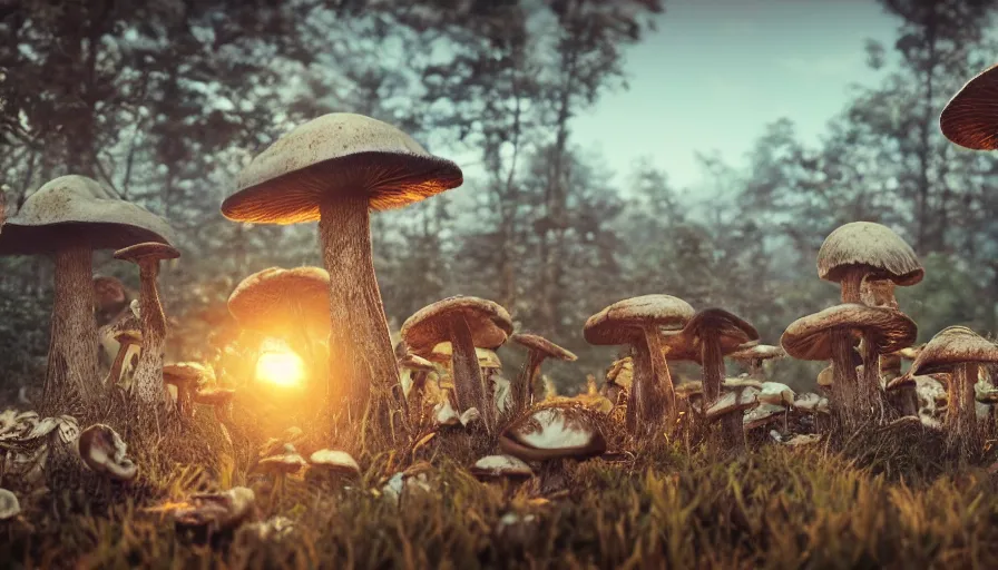 Image similar to hyper realistic highly detailed nature photography of mushroom infested skeleton zombies, prehistoric planet, volumetric lighting, octane render, 4 k resolution, golden hour