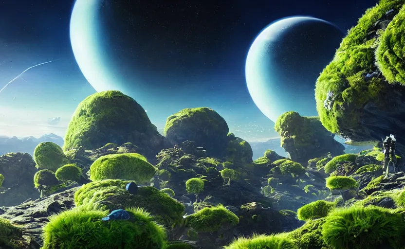 Prompt: a astronaut walking on a alien planet full of alien plants amd animals with a giant blue planet in the sky, hyperrealistic, octane render, unreal engine 5, 8k hdr, highly detailed, high quality, post processed, calm, beautiful landscape, Ferdinand Knab