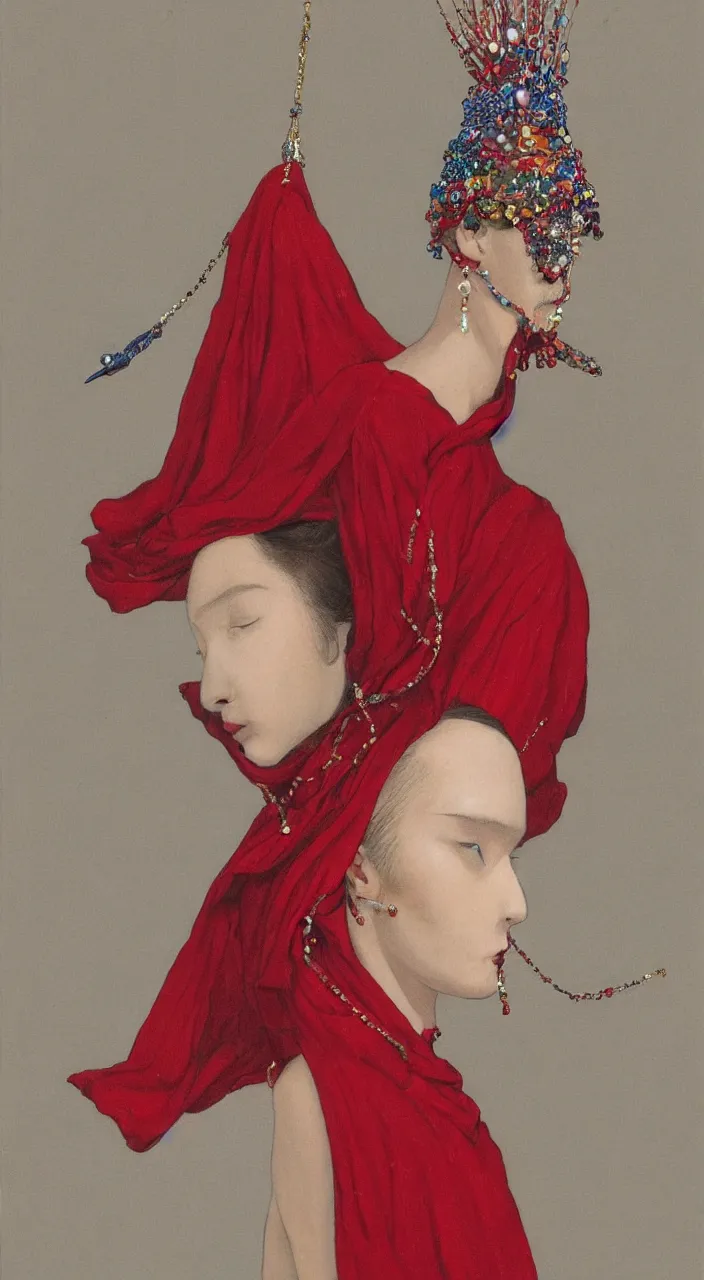Image similar to a female character design wearing high fashion, beads hanging over her face like an alexander mcqueen headdress, haute couture, dior, and a red cape by kawase hasui, moebius, edward hopper and james gilleard, zdzislaw beksinski, steven outram colorful, hd, 8 k, artstation, high quality, ultra detailed
