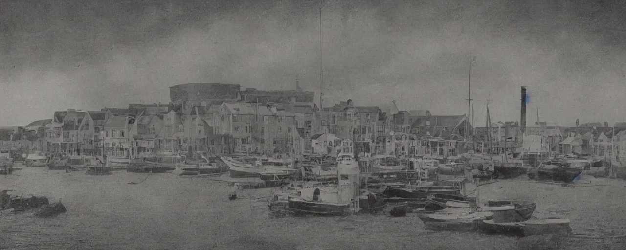 Prompt: a tintype photograph of the harbour at Stromness orkney, Cinematic view