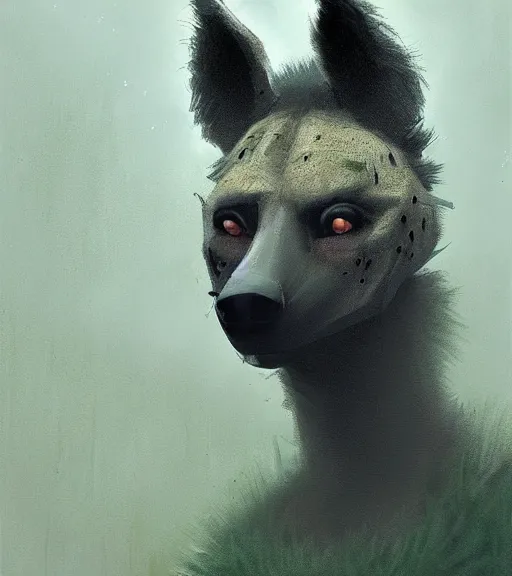 Image similar to foggy dirt road portrait of furry anthro anthropomorphic spotted hyena head animal person fursona wearing clothes horror gloomy digital art photo by Greg Rutkowski, Simon Stalenhag, christopher nolan trending on Artstation, CGSociety