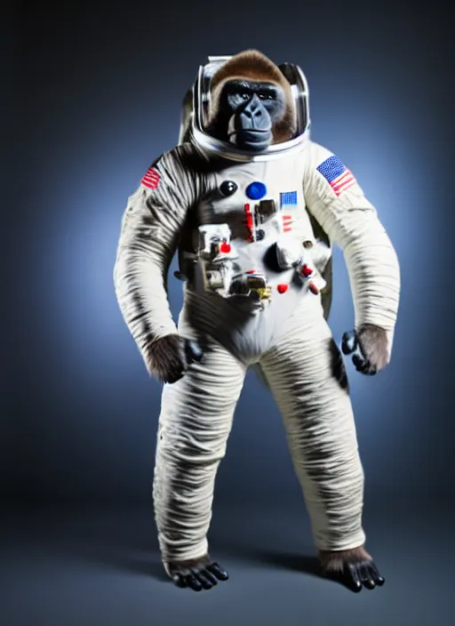 Image similar to studio photo still of a full body gorilla in a space suit, 8 k, studio lighting, key light from right side,