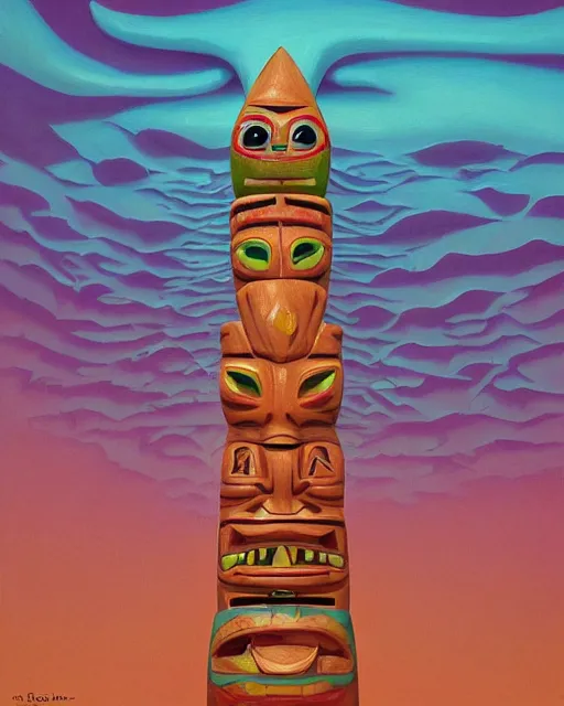 Prompt: a painting of a tribal tiki hut with a totem pole, a surrealist painting by Naoto Hattori, close up, sunset, by Beeple, symmetry, by Makoto Shinkai and Lois van baarle, trending on deviantart, pop surrealism, lowbrow,, whimsical