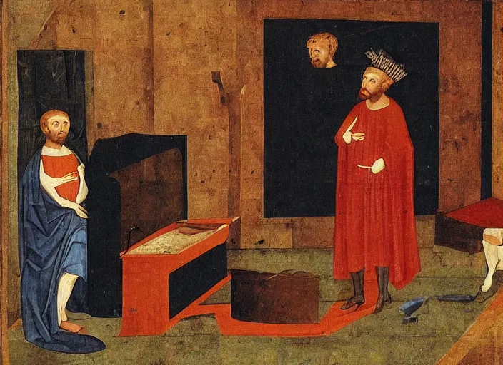 Prompt: man watching television. medieval painting