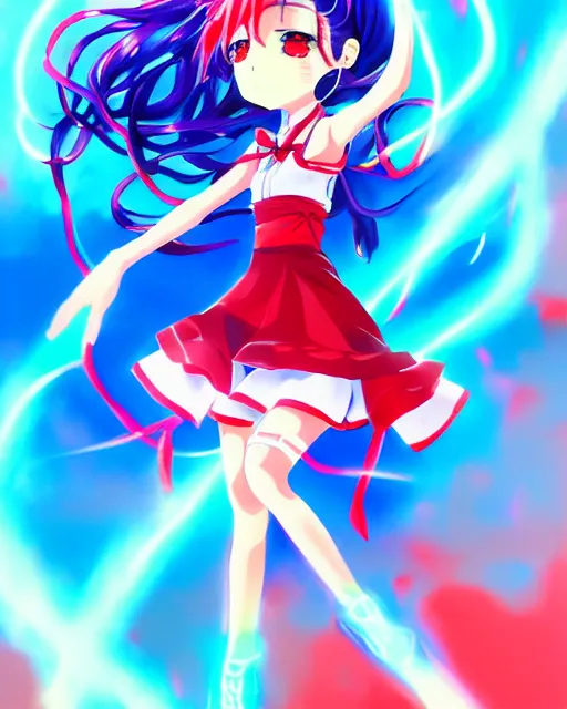 Image similar to anime style, vivid, expressive, full body, 4 k, painting, a cute magical girl idol with a long wavy hair wearing a dress fighting monsters, blue and red, balance, correct proportions, stunning, realistic light and shadow effects, neon lights, studio ghibly makoto shinkai yuji yamaguchi